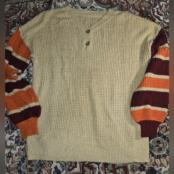 Women's Beige Crewneck Sweater with Striped Sleeves - Picture 1 of 3